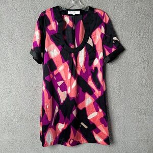 Trina Turk Womens Retro Bonita Shift Dress 8 Black Purple Silk Bell Sleeve 70s‎